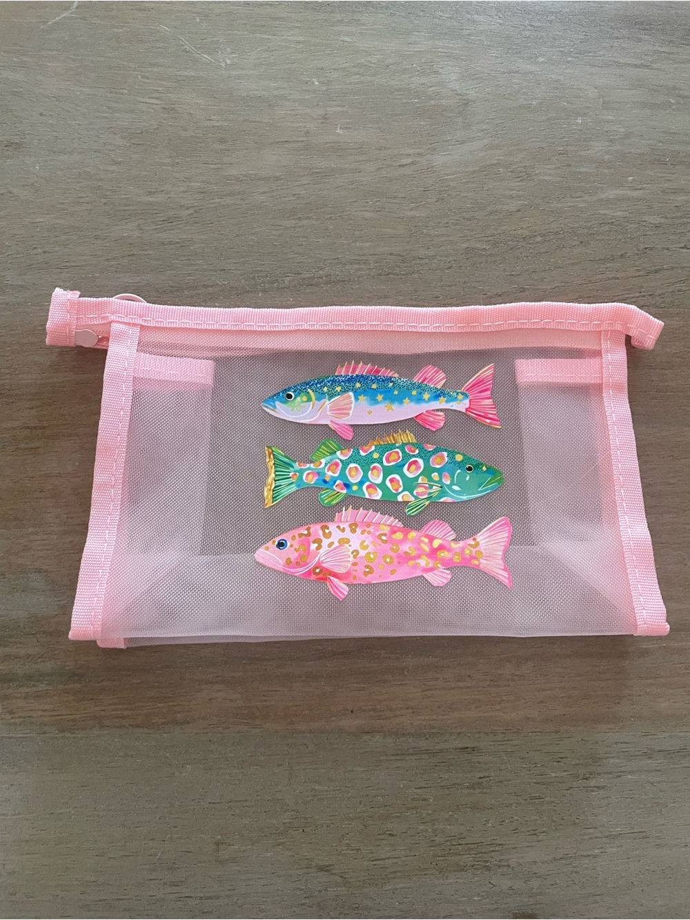 Haus of Brilliance Pink Mesh Pouch with Colorful Fish Appliqués
